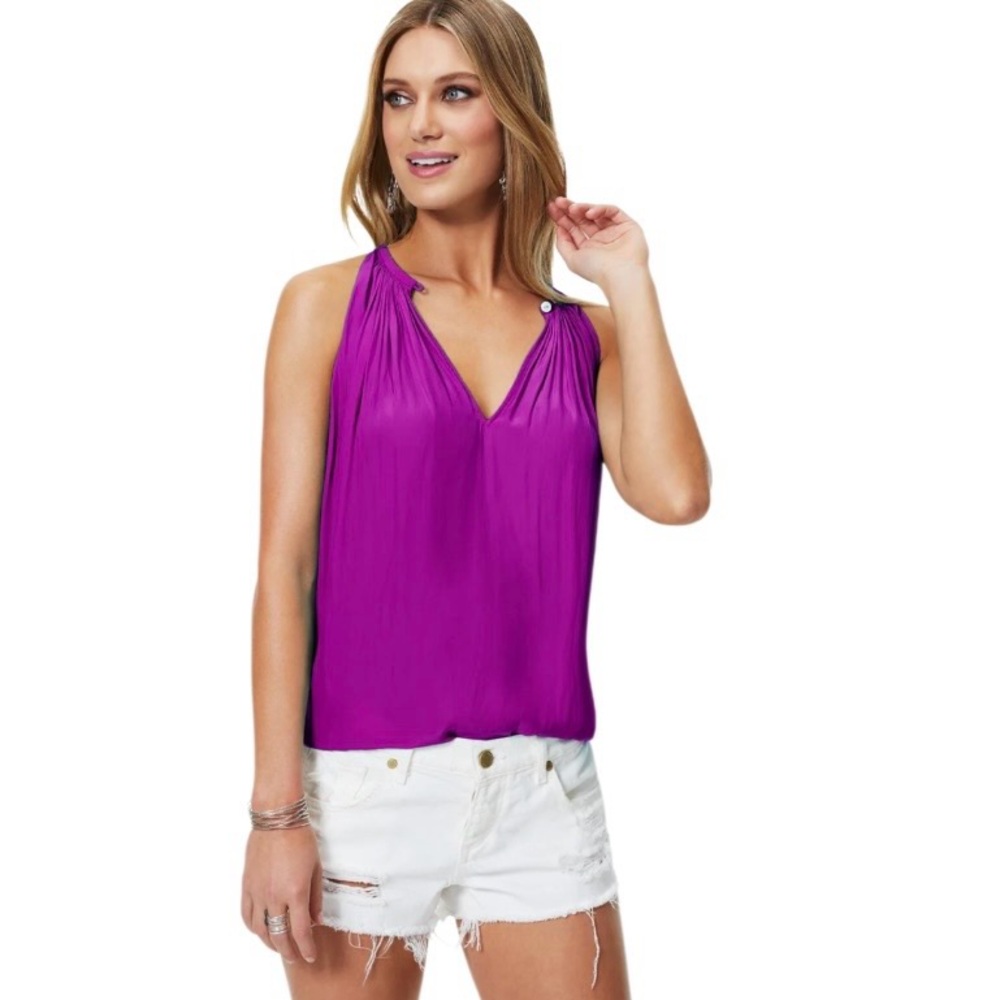 Ramy Brook Piper V-Neck‎ Halter Sleeveless Pleated Tank in Magenta Size S/P